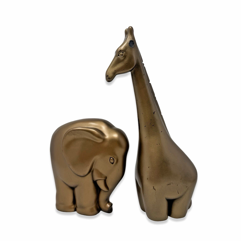 Vintage Market Bazaar Giraffe & Elephant Figurine Set Bronze Tone Heavy Decor
